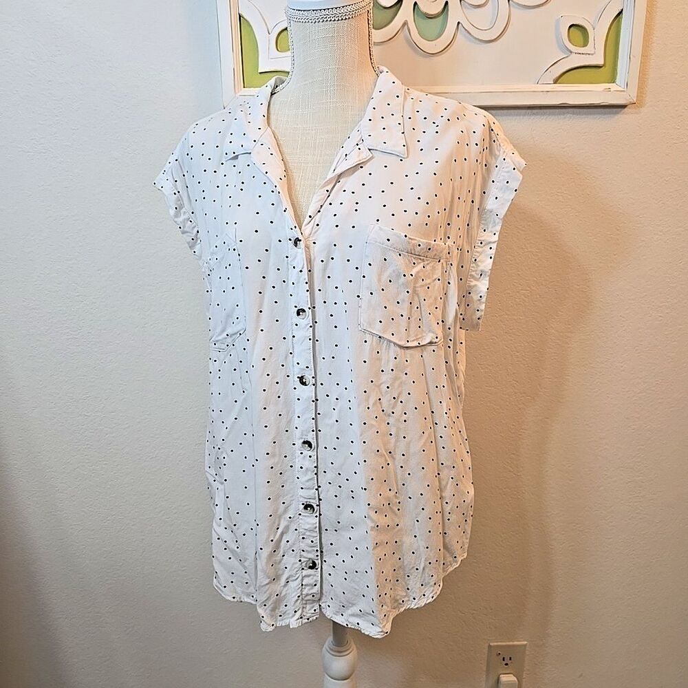 Jachs New York Girlfriend Shirt Short Sleeve Button Up Blouse White Dot Size XXL